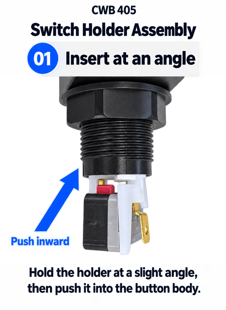Two-step GIF showing angled insertion and rotation to lock the CWB 405 switch holder
