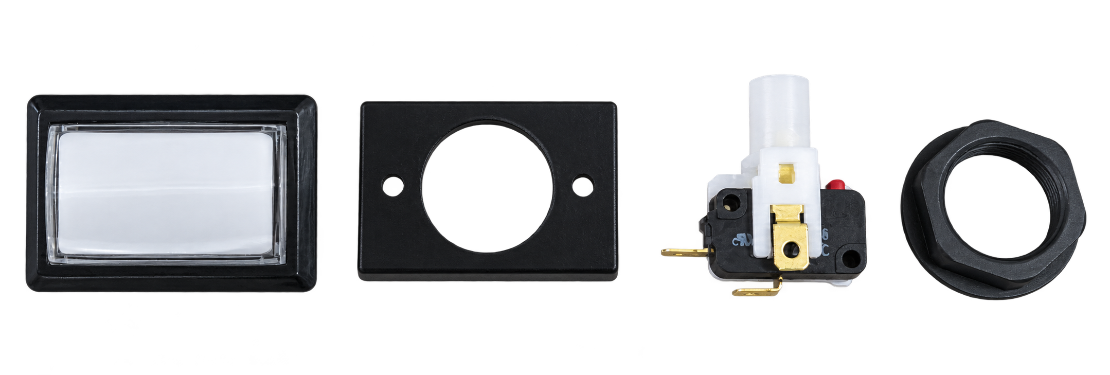 From left: CWB 405 button body, cover, holder with Gersung microswitch, and mounting nut