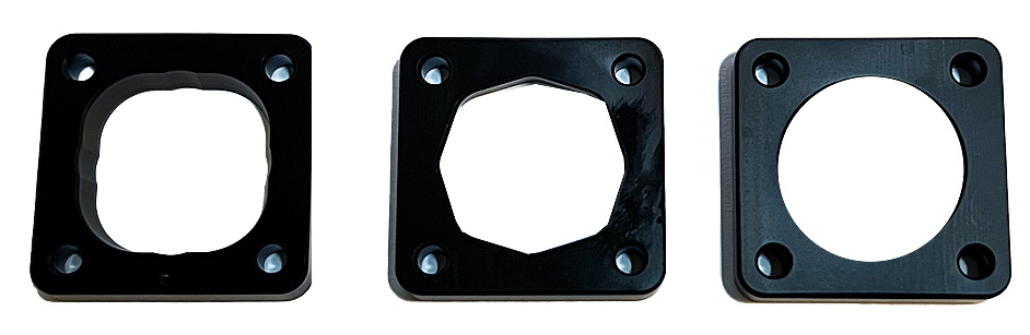 Optional V3 Restrictor Gate Set, sold separately: square, octagonal, and circular gates from left to right
