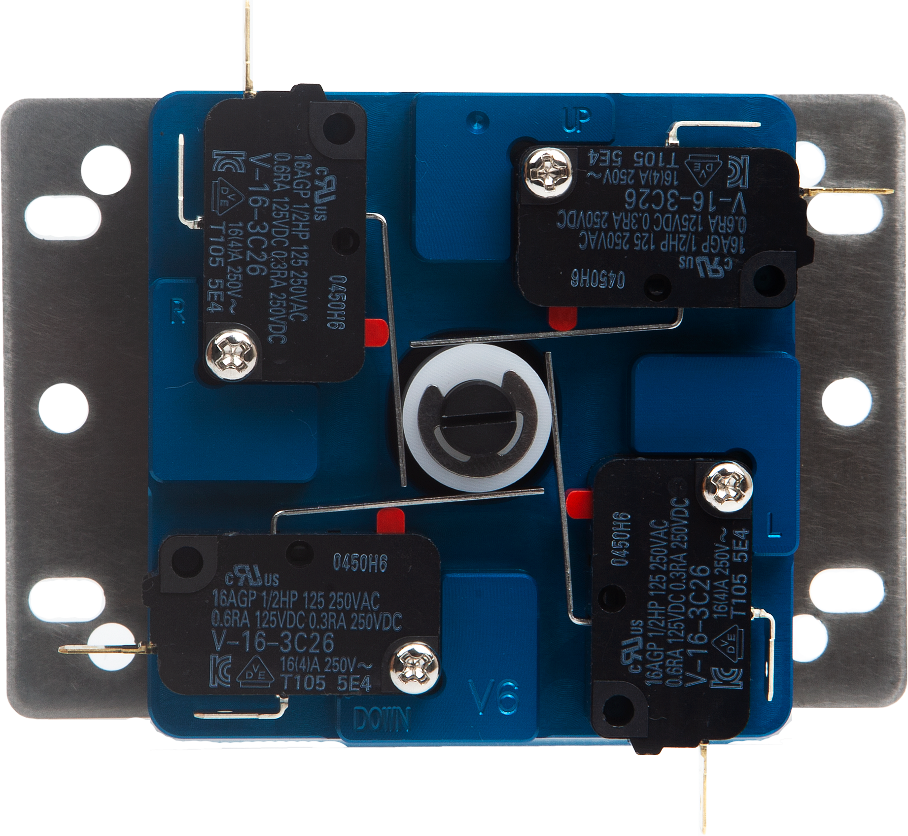 SANJUKS V6 underside showing Omron switches, actuator, and E-Clip