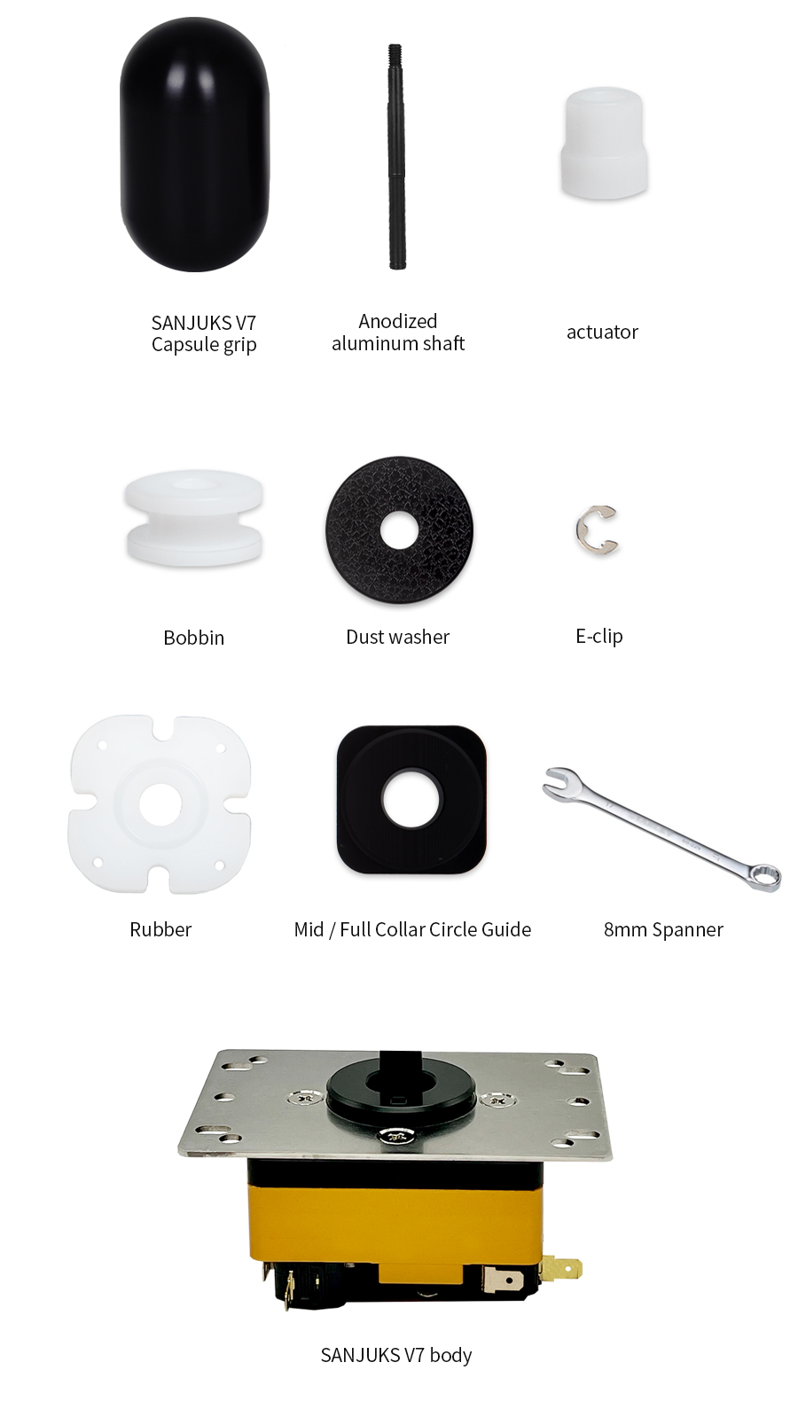 SANJUKS V7 body, capsule grip, shaft, actuator, bobbin, dust washer, E-Clip, grommet, guide, and 8 mm wrench