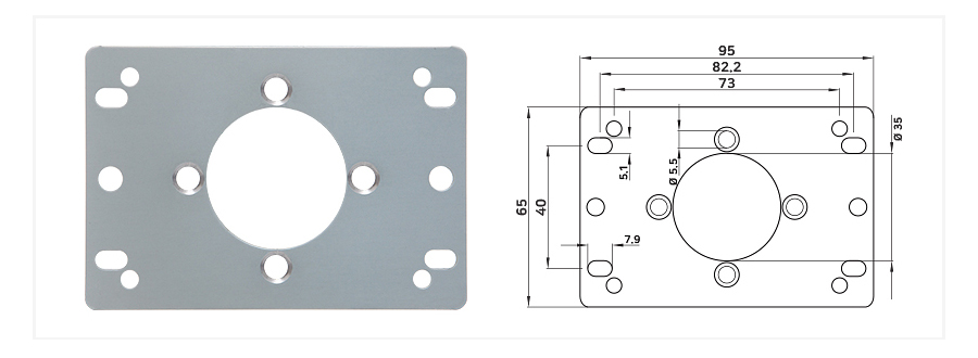 SANJUKS V7 MJ mounting plate and drawing showing 95 by 65 mm overall dimensions