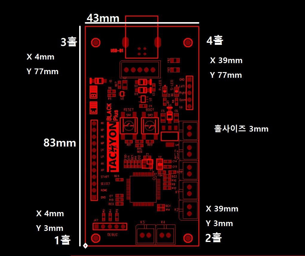 TACHYON mounting drawing: 43 by 83mm PCB with 3mm mounting holes